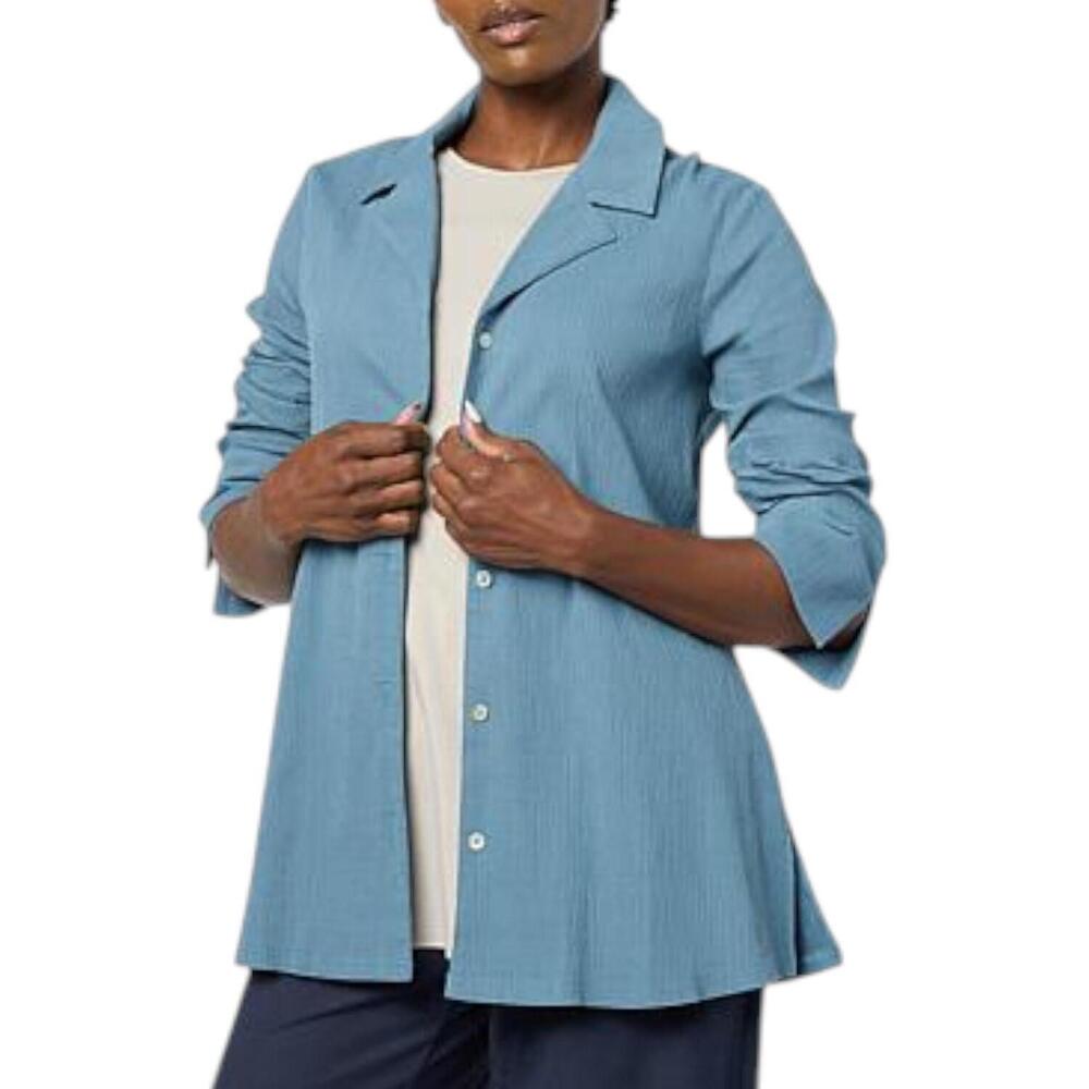 WynneCollection Women's Textured Crinkle Button-Down Shirt Vtg Blue - Regular